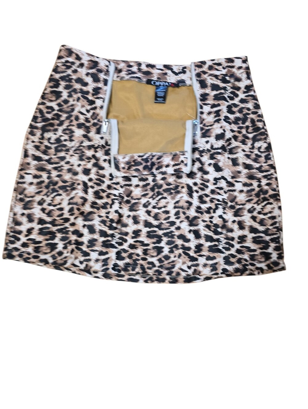 OPPA! Leopard Print Mini Skirt with Front Zippers - Beige/Black 1X - Picture 3 of 4